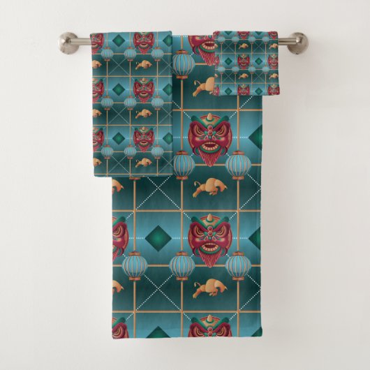 Chinees Nieuwjaar van Os - Green Check Pattern Bad Handdoek (Insitu)