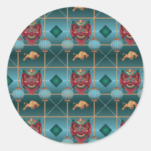 Chinees Nieuwjaar van Os - Green Check Pattern Ronde Sticker
