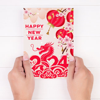 Chinees Nieuwjaarsdraak 2024 Maan Nieuwjaar Roze Feestdagenkaart