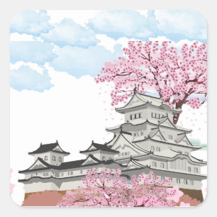 Chinees paleis met sakura bomen – Elegant Orient Vierkante Sticker