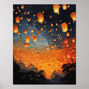 Chinees Papier Lantaarns Landscape Art Print Poste