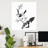 Chinees schilderen, pruimen en vogel poster (Thuiskantoor)