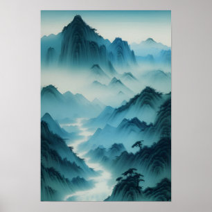 Chinees schilderij Blauwgroen Blauw Misty Landscap Poster