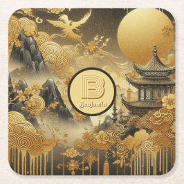 Chinees schilderij Faux Golden Dripping Monogramme Vierkante Kartonnen Onderzetter