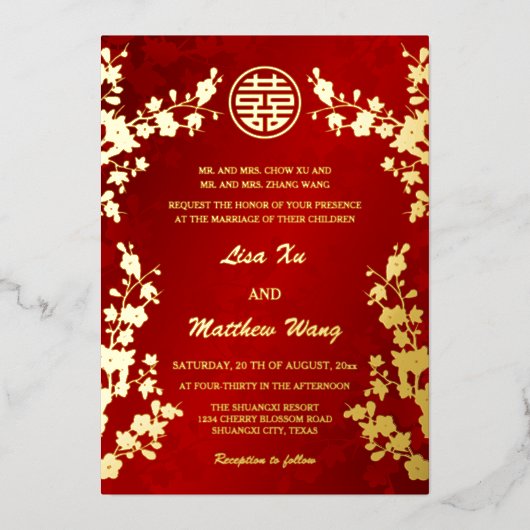 Chinees tweetalig | Red Cherry Blossom Bruiloft Folie Uitnodiging (Voorkant)