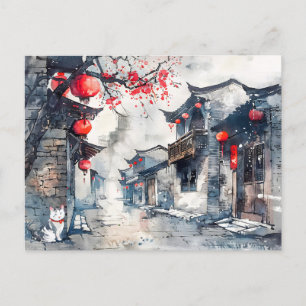 Chinees Waterverf Lantaarn-Lit Oude Stad Briefkaart