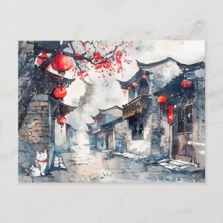 Chinees Waterverf Lantaarn-Lit Oude Stad Briefkaart