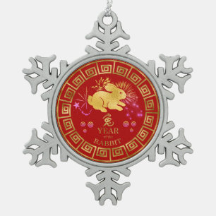 Chinees Zodiac Rabbit Red/Gold ID542 Tin Sneeuwvlok Ornament