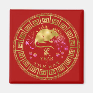 Chinees Zodiac Rat Red/Gold ID542 Magneet