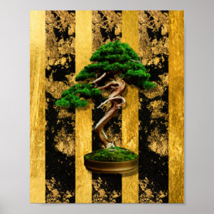 Chinese Asian Bonsai Tree Green Gold Black afdrukk Poster