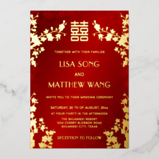 Chinese Bilingual | Red Cherry Blossom Wedding Folie Uitnodiging
