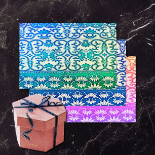 Chinese bloemen in blauw -groen -tropische kleuren inpakpapier vel