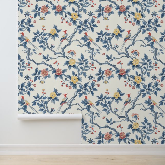 Chinese Bloemenvogel Blauw Elegant Behang (Applicatie)