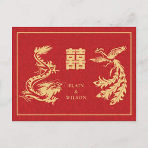 Chinese bruiloft Dragon-Phoenix Double Xi Red Gold Aankondigingskaart