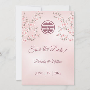Chinese bruiloft stoffige roze kersenbloesem save the date