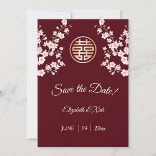 Chinese bruiloft stoffige roze maroon kersenbloese save the date