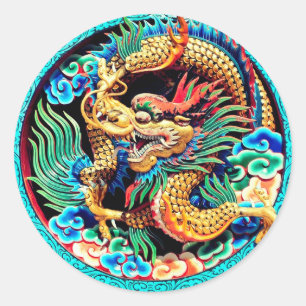 Chinese Colorful Dragon Lotus Flower Art Ronde Sticker