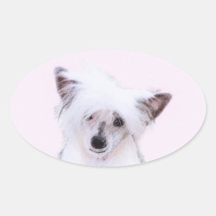Chinese Crested Powderpuff-schilderijen - Dog Art Ovale Sticker
