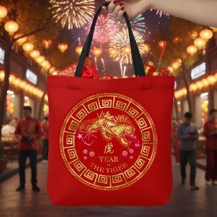 Chinese Dierenriem Tijger Rood/Goud ID542 Draagtas