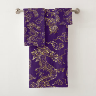 Chinese Draak Goud en Donker Paars Bad Handdoek