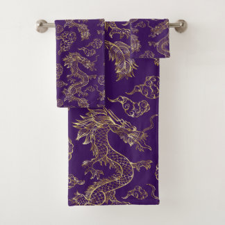 Chinese Draak Goud en Donker Paars Bad Handdoek