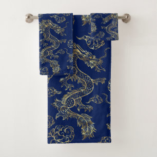 Chinese Draak Goud en Donkerblauw Bad Handdoek