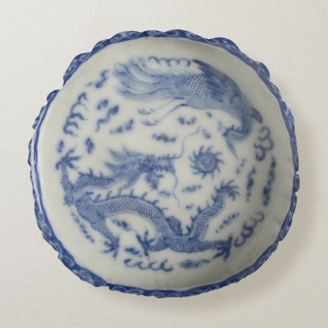  chinese draak monaco blue chinoiserie rou rond kussen (Voorkant)