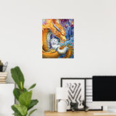 Chinese Draak & Witte Kat in Watercolor Bos Poster (Thuiskantoor)