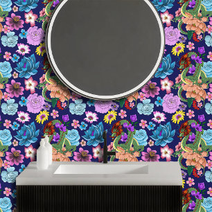 Chinese Dragon Marine Blauwe Bloemen Behang