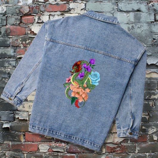 Chinese Dragon Marine Blauwe Bloemen Denim Jacket