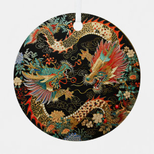 Chinese Draken en Bloemen Metalen Ornament