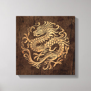 Chinese Drakencirkel met Houten Korreleffect Canvas Afdruk