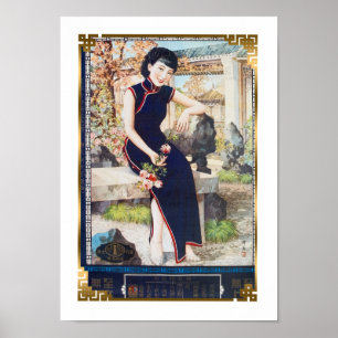 Chinese en Shanghai Woman Navy Cheongsam Poster