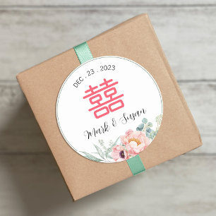 Chinese Eucalyptus Pioenrozen Trouwdag Ronde Sticker