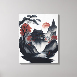 Chinese ink painting on scroll canvas afdruk