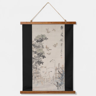 Chinese Inkt- en Kleurenschildering Kat en Vlinder Hangend Wandkleed
