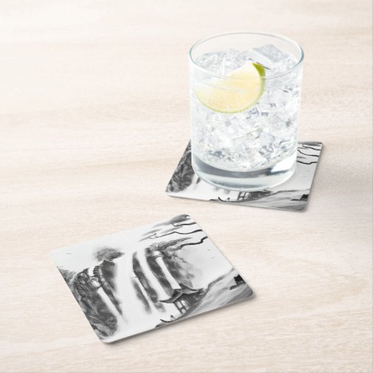 Chinese inktstijl waterval en katoenverf vierkante kartonnen onderzetter (Insitu)