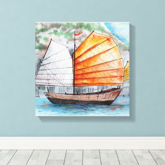 Chinese junk schip afdrukken Canvas Print (Insitu (Houten vloer))