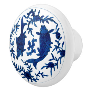 Chinese Koi Fish Print Blauw Wit Keramische Knop