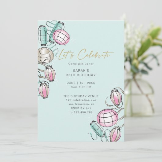 Chinese Lantaarn & Lint Thema Verjaardag Uitnodigi Notitiekaartje (Staand voorkant)