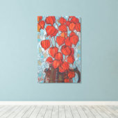 Chinese lantaarns, bloemenschilderwerk in de herfs canvas afdruk (Insitu (Houten vloer))