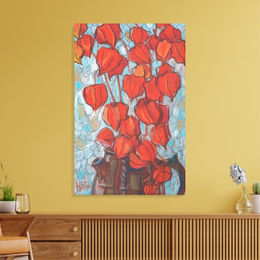 Chinese lantaarns, bloemenschilderwerk in de herfs canvas afdruk (Insitu (Woonkamer))