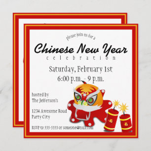 Chinese Leeuw en Firecrackers uitnodiging