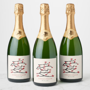 Chinese Love Red Cherry Blossom Engagement Party Sparkling Wijnetiket