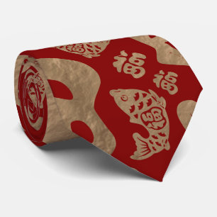 Chinese Lucky Symbols en Koi Fish - Red en Gold Stropdas