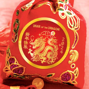 Chinese Maan Nieuwjaar 2024 Dragon Gold Foil Rood Ronde Sticker