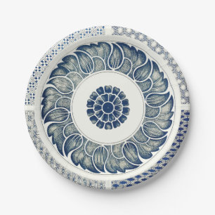 Chinese Medaillon: Indigo Blau Chinoiserie Papieren Bordje