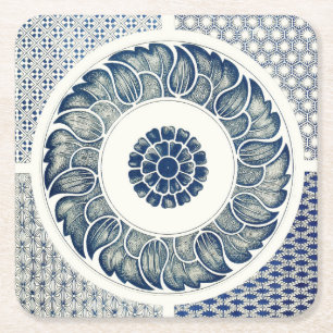 Chinese Medaillon: Indigo Blau Chinoiserie Vierkante Kartonnen Onderzetter