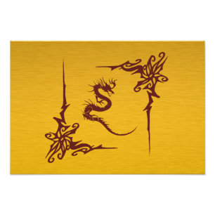 Chinese Mythologie Dragon, Swirls - Gold Red Foto Afdruk