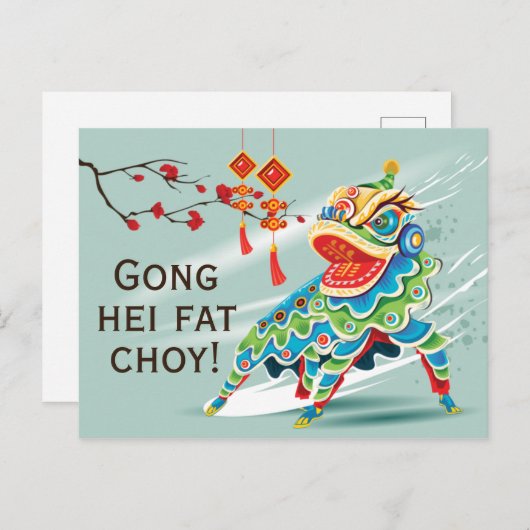 Chinese nieuwjaarsblauw leeuwen danser briefkaart (Voorkant / Achterkant)